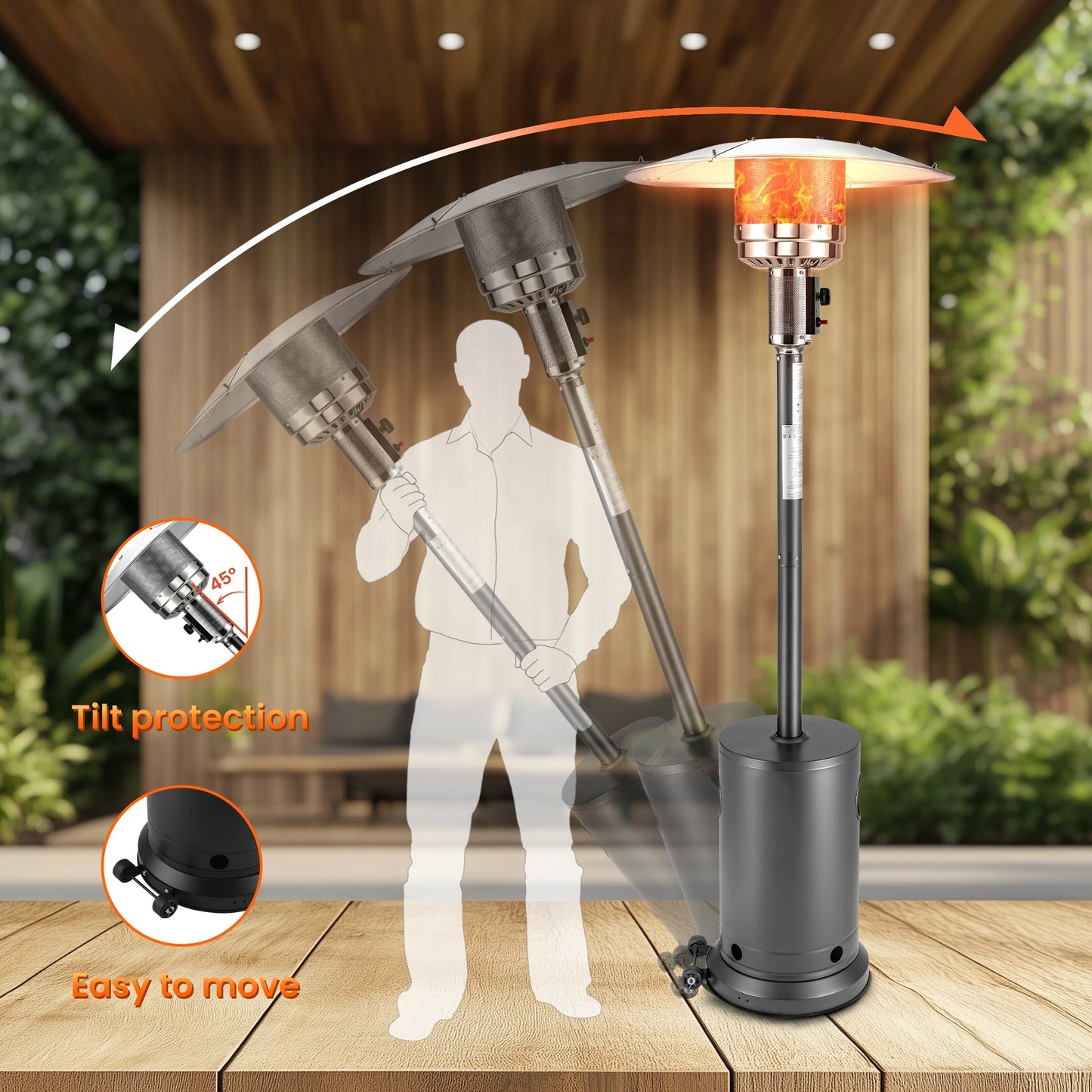 Propane Patio Heater w/12' Heating Radius, 48000 BTU Heavy Duty Heater w/Overheating Protection System, Stainless Steel Flame Heater w/Wheels, Sliver& Gray