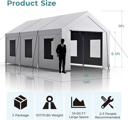 Vitarpatio Carport, 10x20 ft Heavy Duty Car Port Canopy with 6 Roll-up Windows, Reinforced Metal Carport Portable Garage Waterproof Car Tent with Removable Sidewalls & Door
