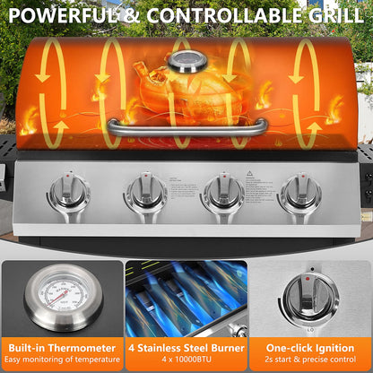 Seizeen 4-Burner Propane Gas Grill, 40,000BTU Outdoor BBQ Grill W/Brush, Stainless Steel Camping Stove for Patio RV Party, Gifts for Father Man