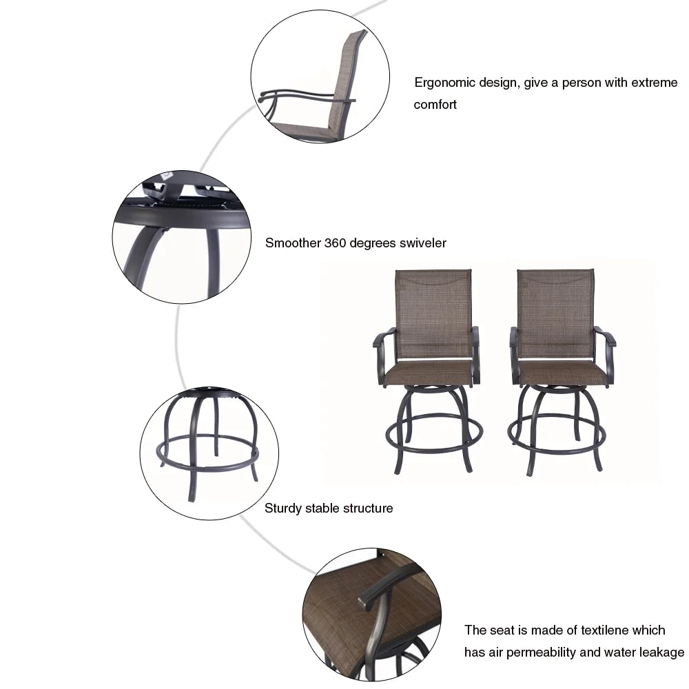 Kozyard Isabella Patio High Swivel Bar Stools/Chairs Steel Frame Outdoor Bistro Set for 2, Brown