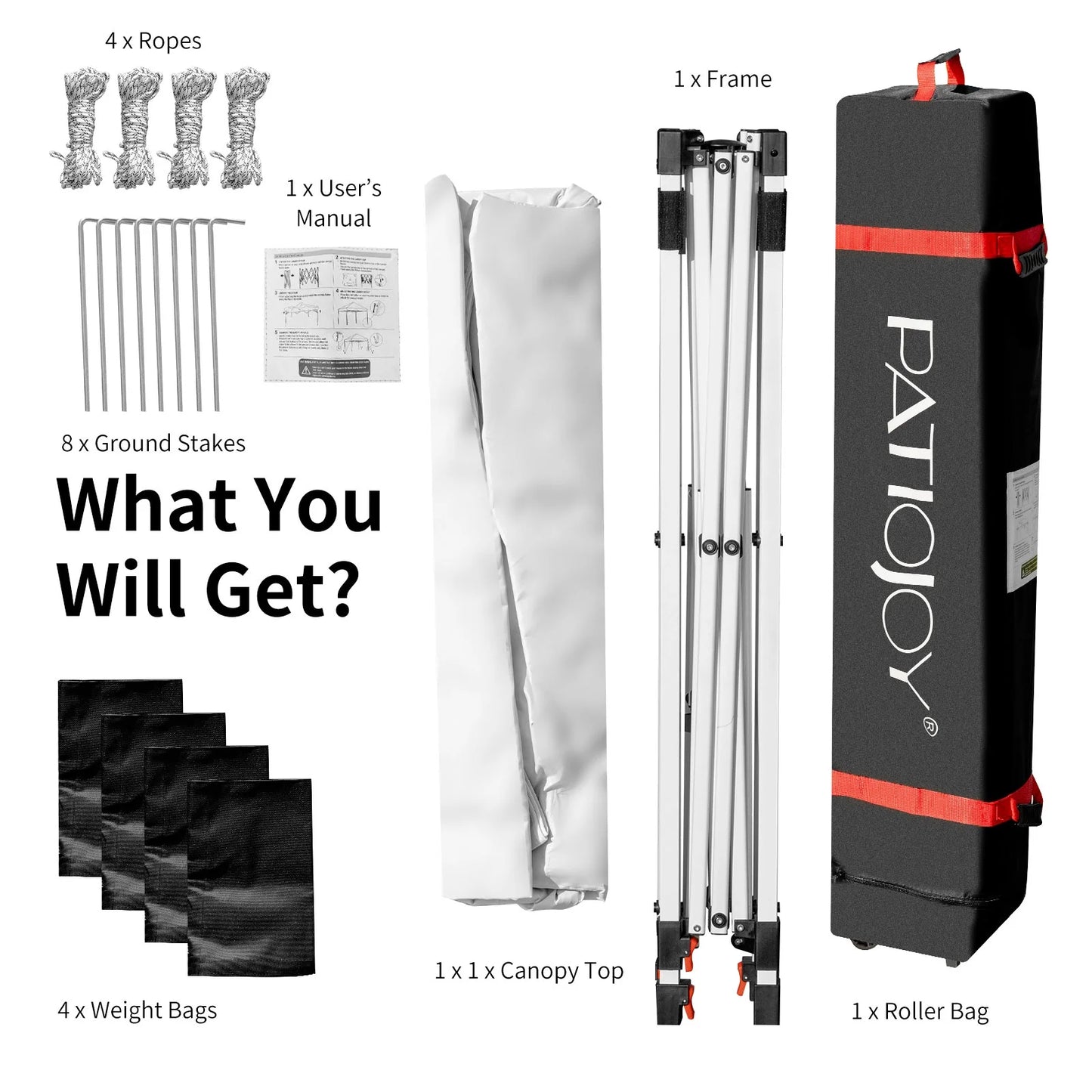 Patiojoy Pop-up Canopy Tent 6.6' x 6.6' Height Adjustable Commercial Instant Canopy w/Portable Roller Bag White