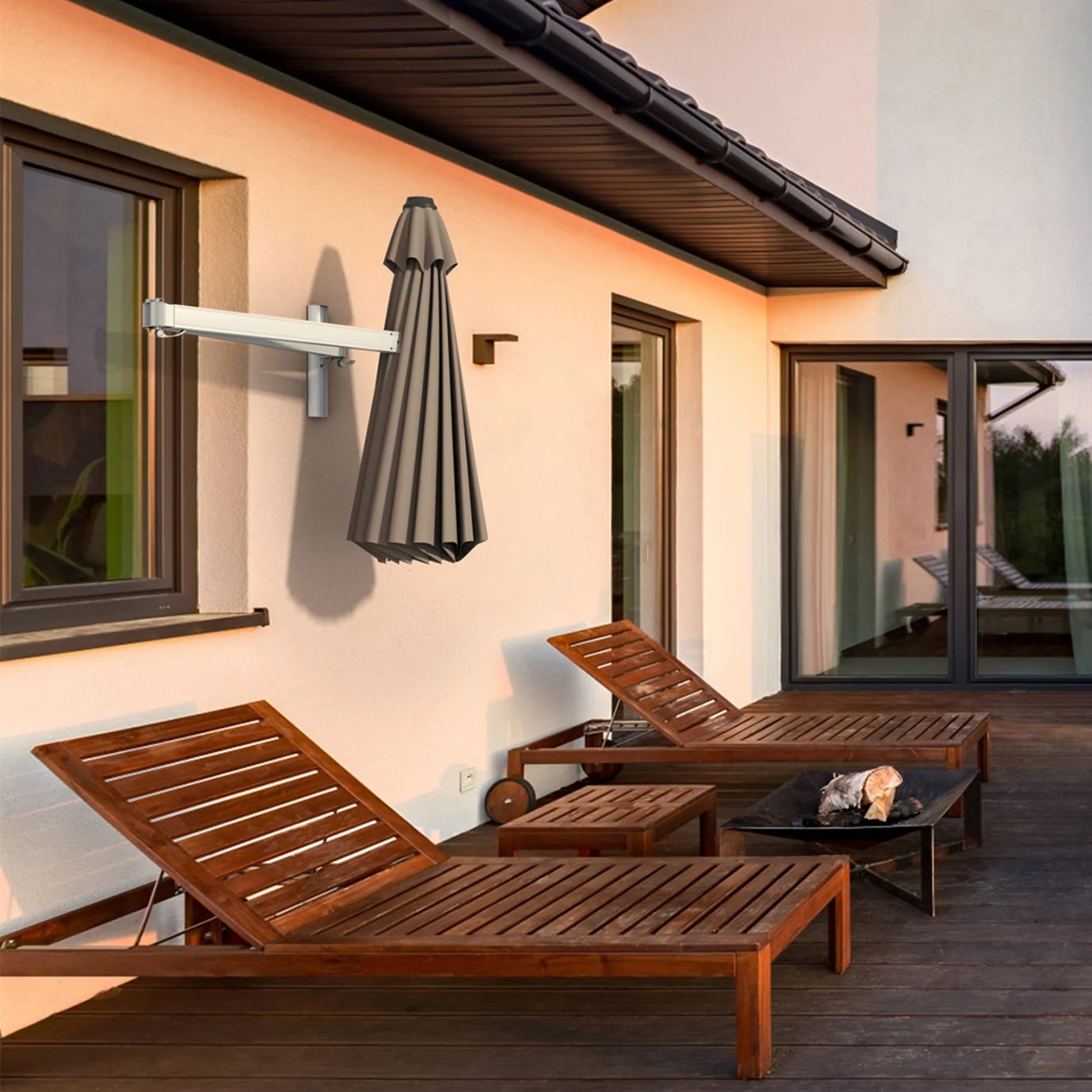 Gymax 8FT Patio Wall Mounted Cantilever Umbrella Parsol w/Adjustable Pole Tan