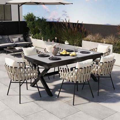 Harper & Bright Designs 7 Pieces Metal Outdoor Dining Table and Chairs Set for 6, All-Weather Patio Dining Furniture with 6 Woven Tape Chairs for Backyard Garden Balcony, Gray, Natural
