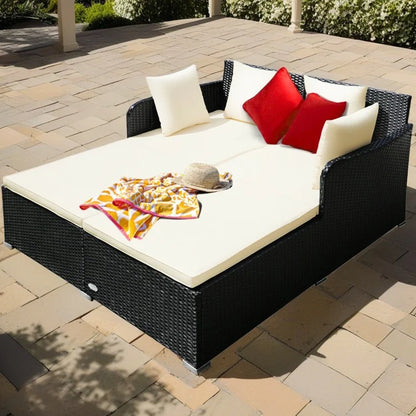 Veryke Outdoor Patio Wicker Daybed Double Chaise Lounge with Cushion, Recliner Chair for Patio Furniture - Beige