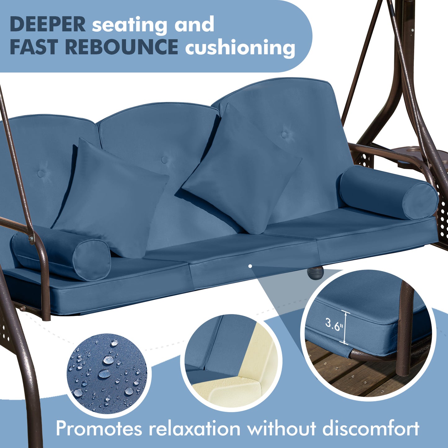 3-Seat Patio Porch Swing with Adjustable Hardtop,3 in 1 Convertible Outdoor Porch Swing for Adults,Patio Swing with Thicken Cushion,Pillows & Cup Holders for Porch,Backyard,Garden (Blue)