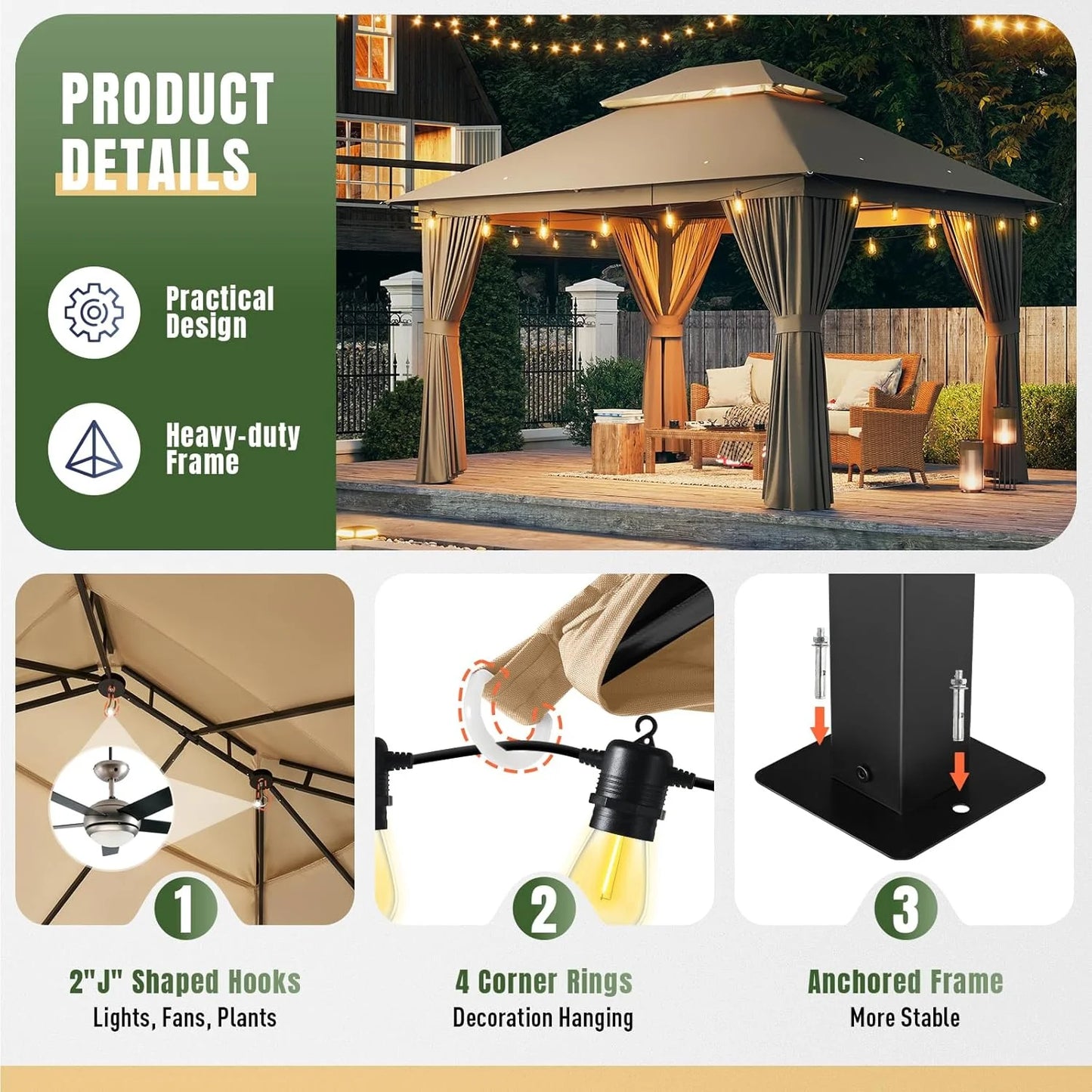 AOXUN Outdoor Gazebo for Patio 10x12, Metal Frame Canopy with Double Roofs, Heavy Duty Party Tent and Shelter with Mosquito Netting and Privacy Screen for Backyard, Lawn, Garden,Deck (Beige)