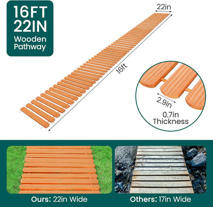 16FT Wooden Garden Pathway, 22'' Widened Outdoor Walkway Roll Out Cedar Patio Decorative Boardwalk Walkways, Weather-Resistant Roll Up Beach Wood Road Floor Wedding Party (Wood, 16FT)