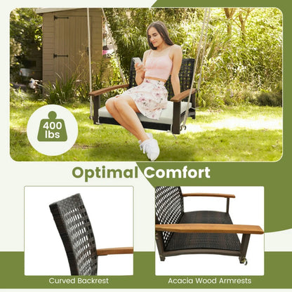 Spaco Single Rattan Porch Swing, Porch Swing with Armrests Cushion and Hanging Ropes, Durable Bench Swing for Outdoor as Garden, Patio, White