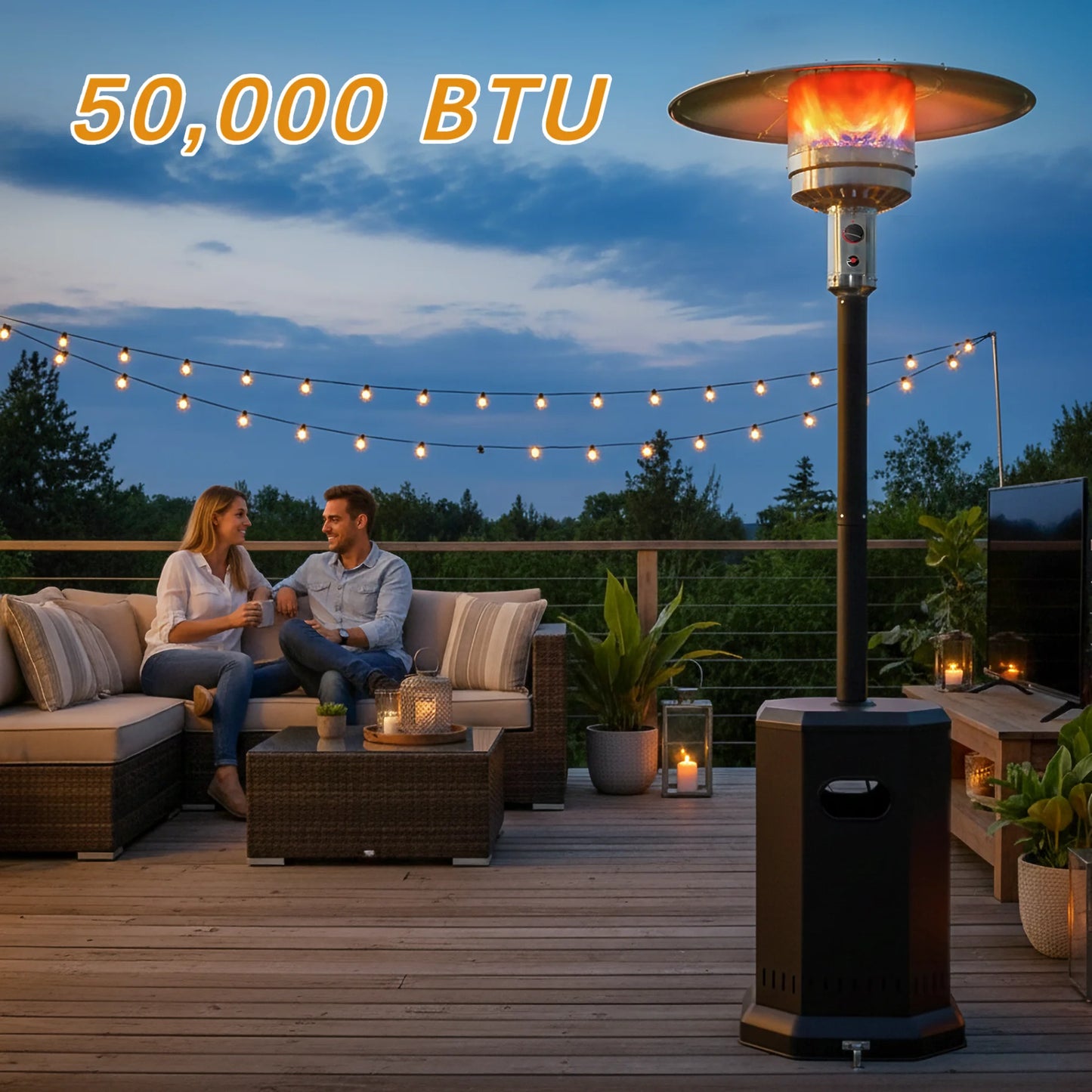 50000 BTU Propane Patio Heater with 20ft Heating Radius, Outdoor Heavy Duty Heater with Wheels & Adjustable Thermostat, Commercial & Residential Use, Freestanding Heater for Yard& Porch
