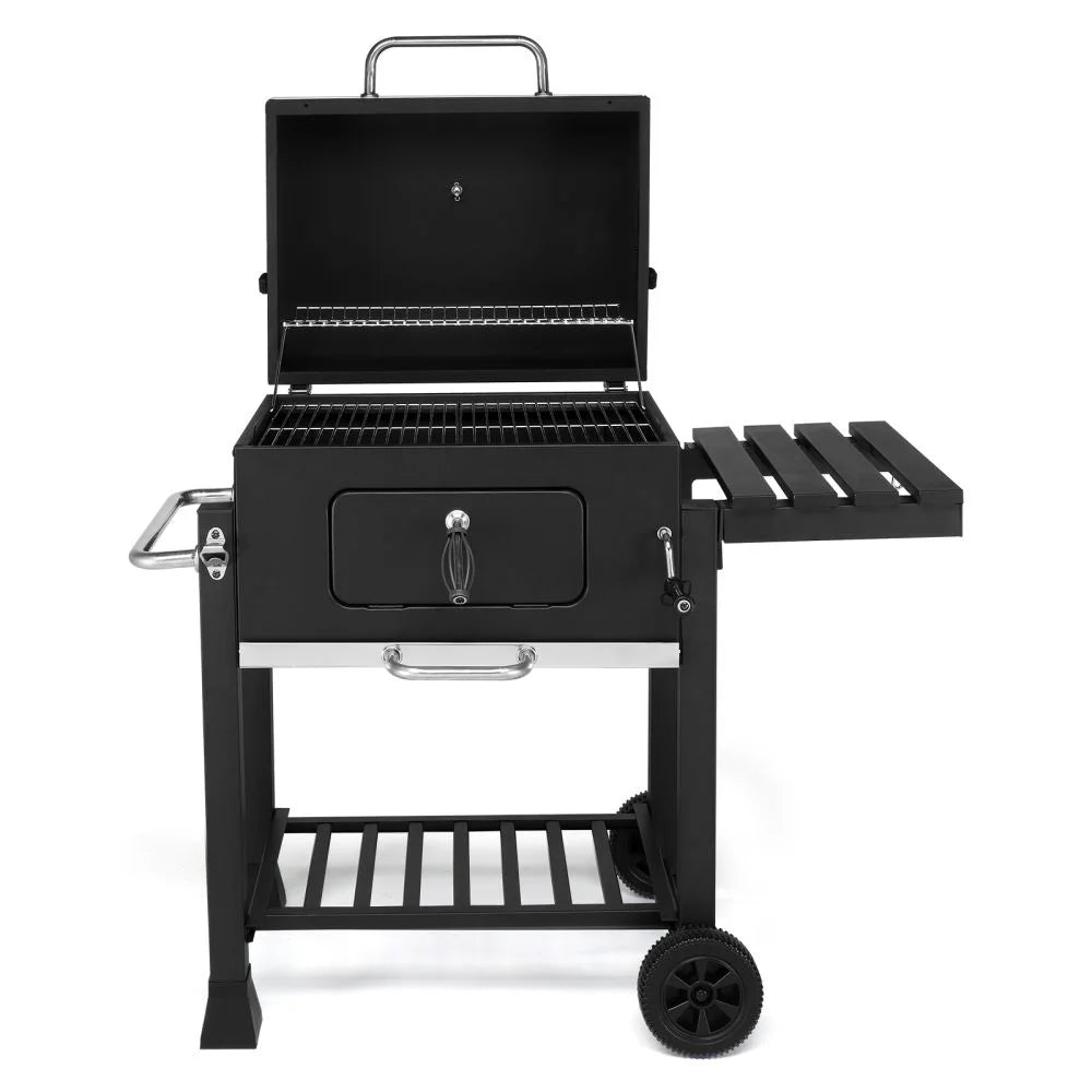 IVV Outdoor Charcoal Grill with Foldable Side Table, Moveable BBQ Grill w/Built-in Thermometer, Removeable Ash Rray Perfect for Picnics Patio Garden and Backyard Grilling, Black