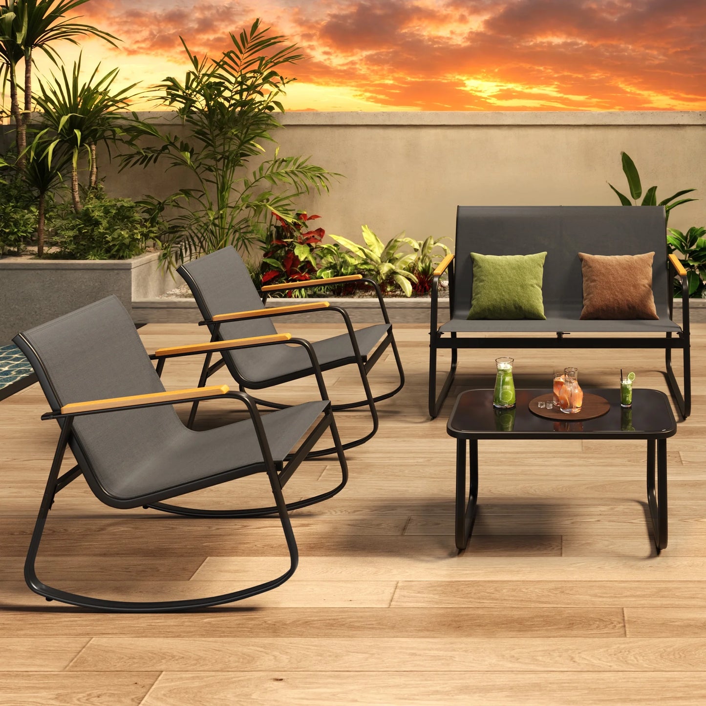 Asofer 4-Piece Patio Furniture Set, Textilene Outdoor Bistro Set with 2 Rocking Chair for Lawn, Garden, Poolside (Black)
