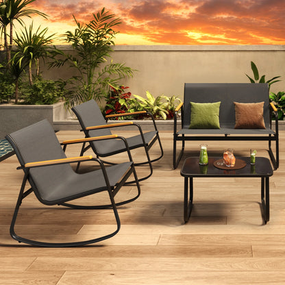 Asofer 4-Piece Patio Furniture Set, Textilene Outdoor Bistro Set with 2 Rocking Chair for Lawn, Garden, Poolside (Black)