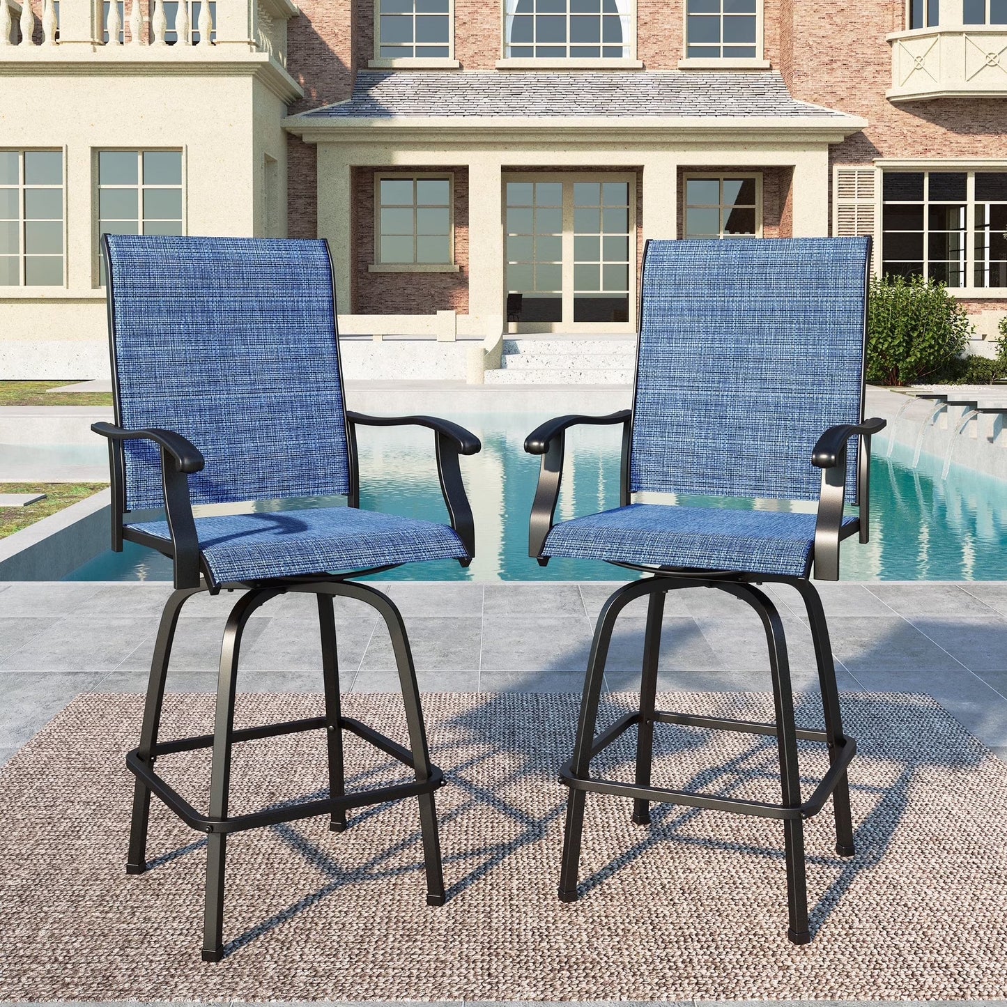Summit Living 2-Piece High Top Outdoor Swivel Bar Stools, Patio Metal Frame Counter Height Chairs with Quick-Dry Textilene, Black & Brown