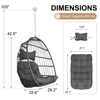 RADIATA Hanging Egg Chair Without Stand, Dark Gray Wicker Swing Egg Chair with Cushion, 350 lbs Capacity, Indoor Outdoor Ceiling or Tree Hanging Chair for Patio, Bedroom, Porch