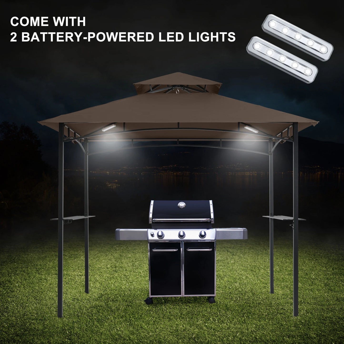MASTERCANOPY 8' x 5' Grill Gazebo Outdoor BBQ Gazebo Canopy with LED Lights for Patio, Brown