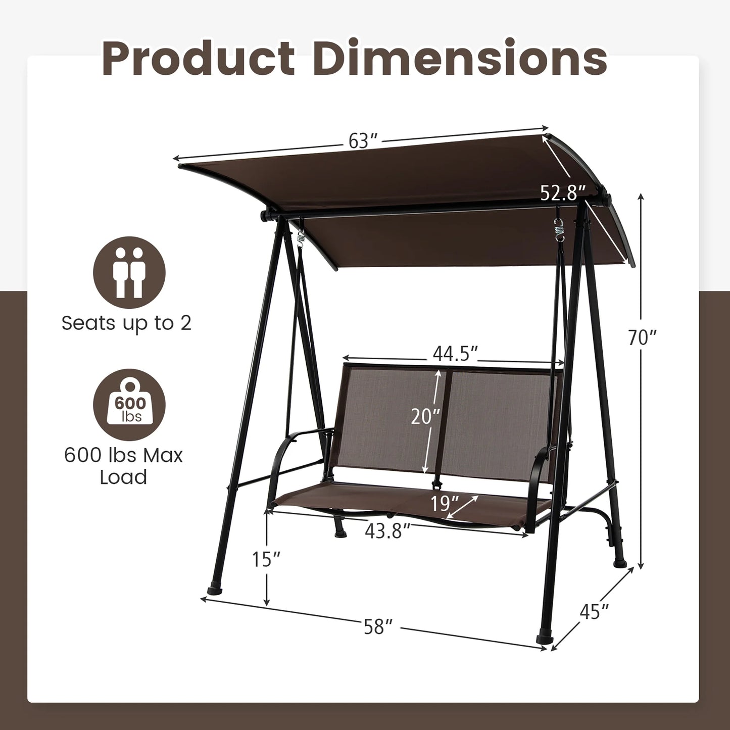 Gymax 2-Person Patio Swing Seat Swing Bench Canopy Swing Loveseat Outdoor Dark Brown
