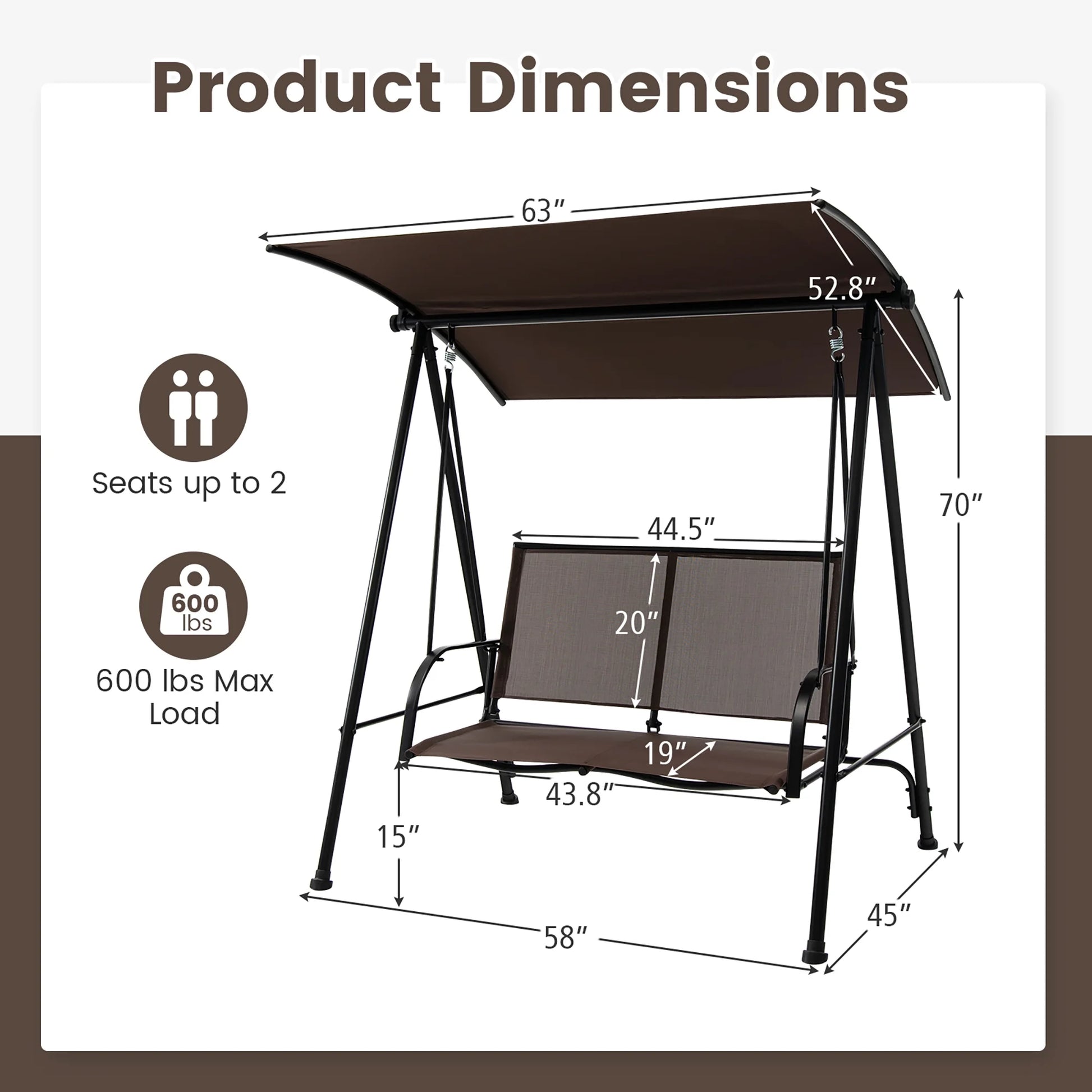 Gymax 2-Person Patio Swing Seat Swing Bench Canopy Swing Loveseat Outdoor Dark Brown