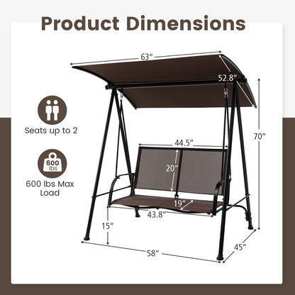 Gymax 2-Person Patio Swing Seat Swing Bench Canopy Swing Loveseat Outdoor Dark Brown