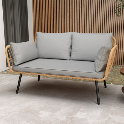 Uforic Outdoor Wicker Loveseat with Cushions and Rattan Side Table, All-Weather 2 Pieces Bistro Patio Conversation Furniture Set -Beige