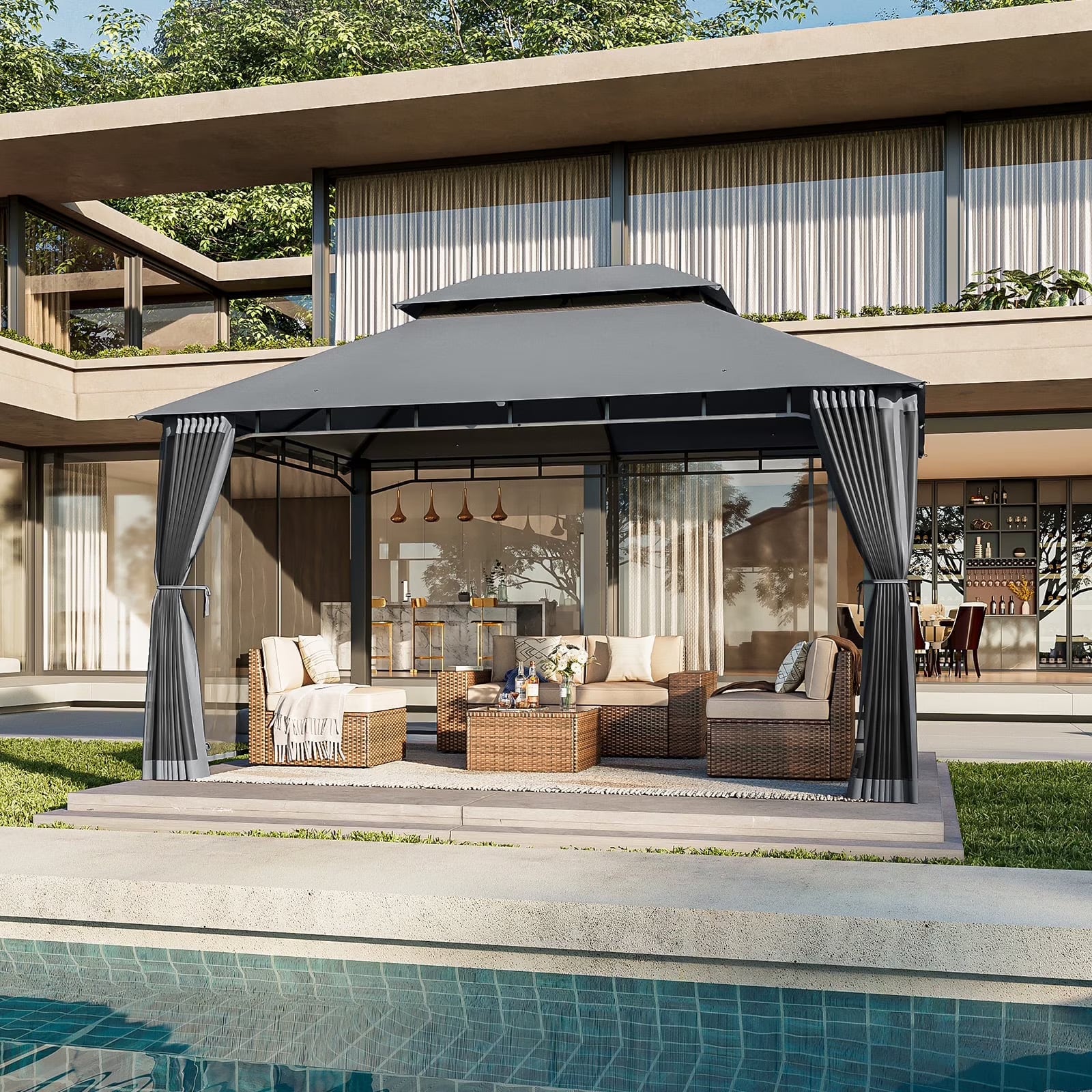 AOXUN Outdoor Gazebo for Patio 10x13, Metal Frame Canopy with Double Roofs, Heavy Duty Party Tent and Shelter with Mosquito Nettings for Backyard, Lawn, Garden,Gray