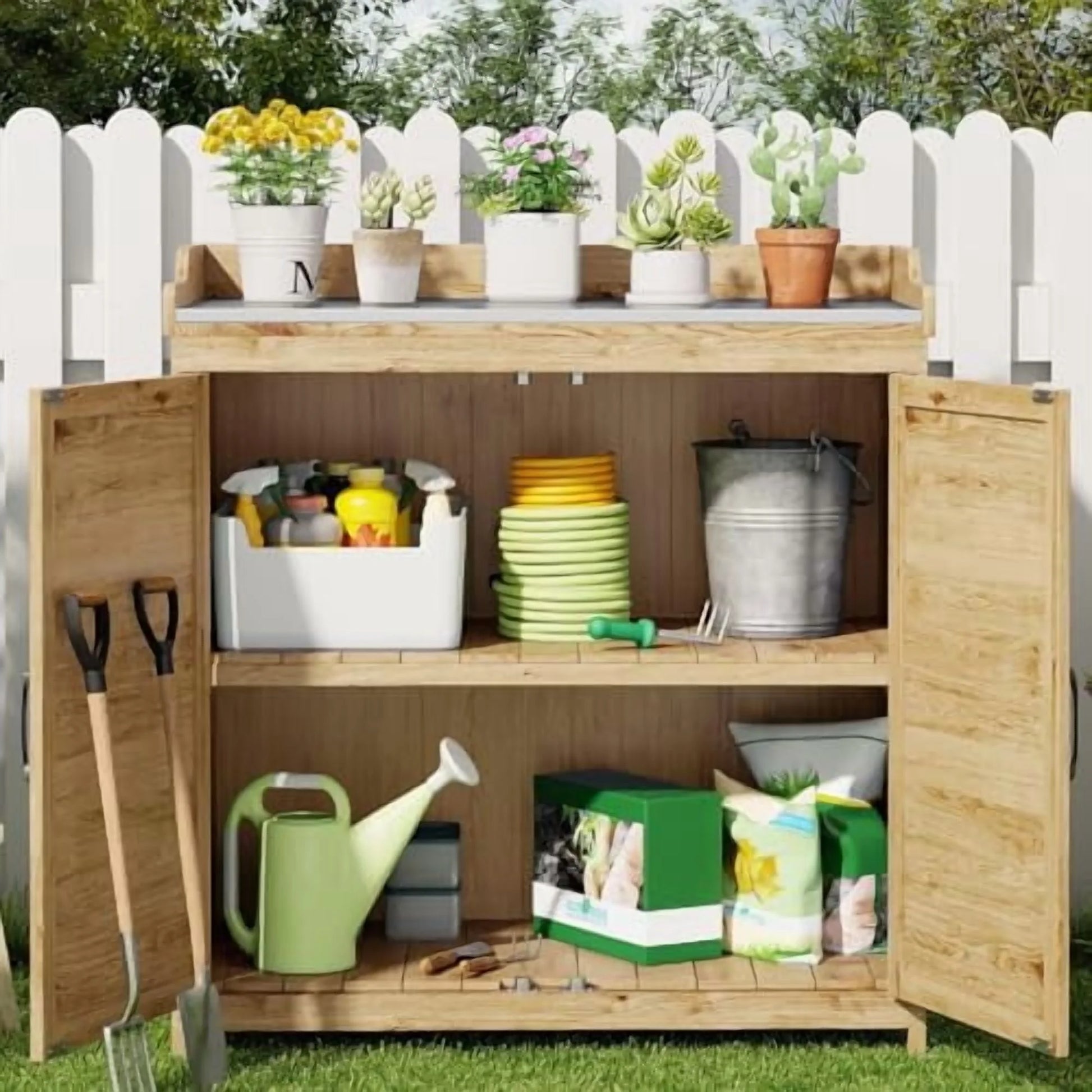Gizoon Outdoor Potting Bench with Metal Tabletop, Outdoor Garden Patio Wooden Storage Cabinet with Adjustable Shelf, Double Doors Garden Work Bench for Backyard, Patio, Lawn - Natu