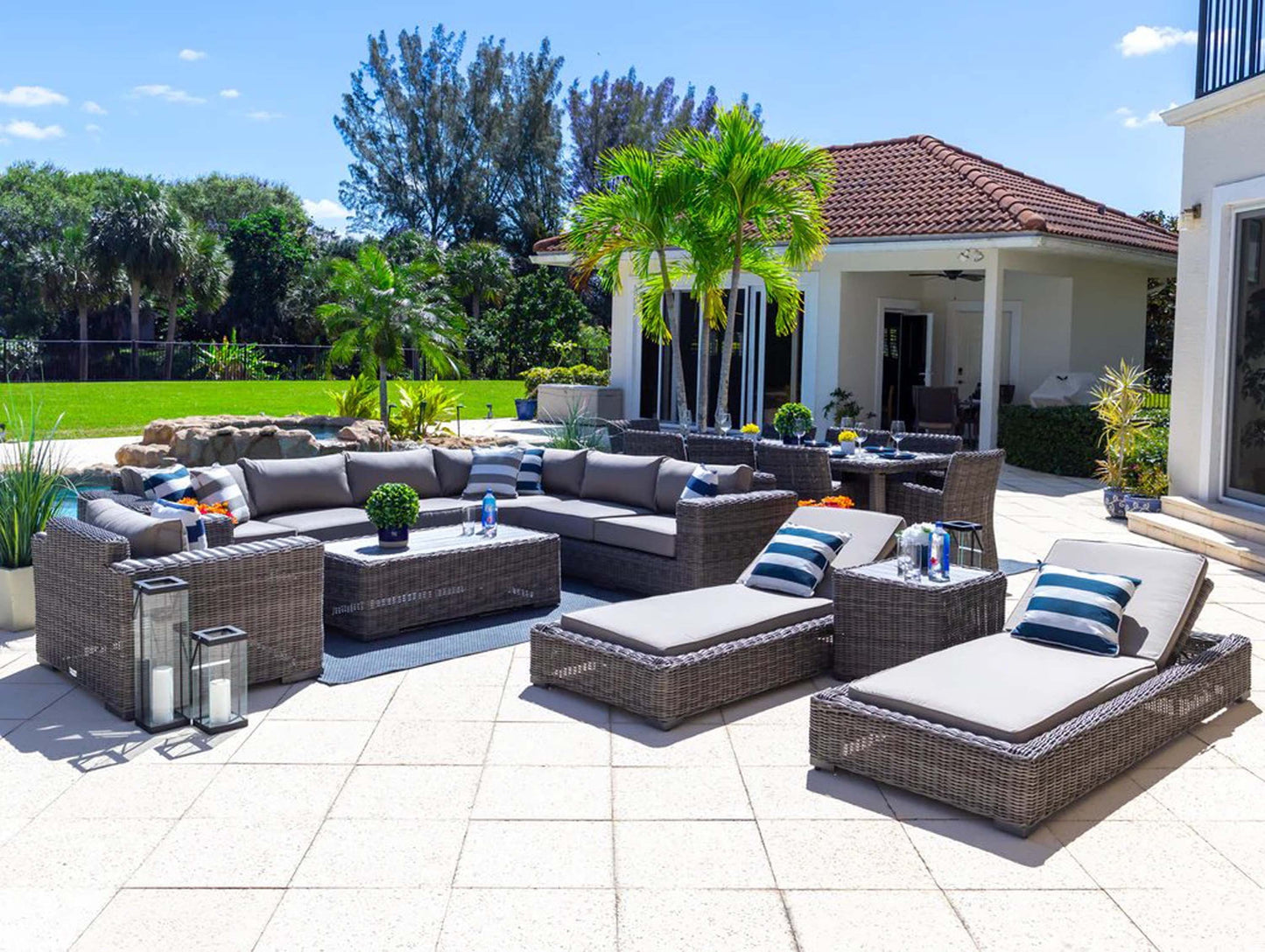 Malmo 18-Piece Resin Wicker Outdoor Patio Furniture Combination Set in Gray w/Sectional Set, Eight-seat Dining Set, and Chaise Lounge Set (Full-Round Gray Wicker, Polyester Light Gray)