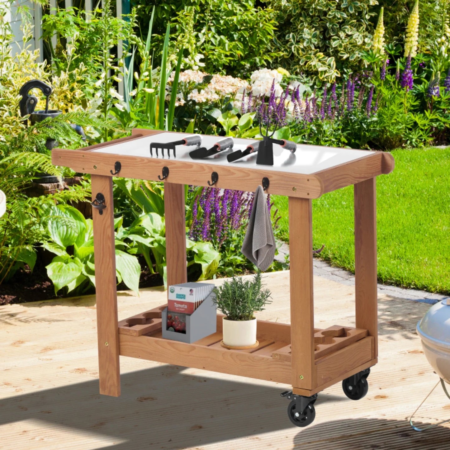 Outdoor Wooden Cart Table With Wheels Metal Top And Storage Hook For Patio Backyard Garden Offering Both Charm And Heat Resistance