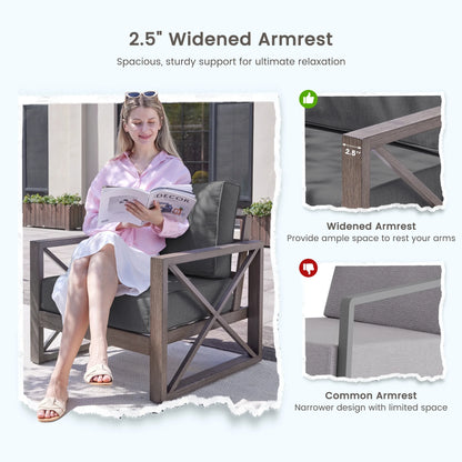 MRUAKA 5 Piece Aluminum Patio Furniture Set Faux Wood Grain Modern Outdoor Furniture Set with 6" Olefin Fabric Cushions and Coffee Table, 600D Waterproof Cover Included, Dark Grey