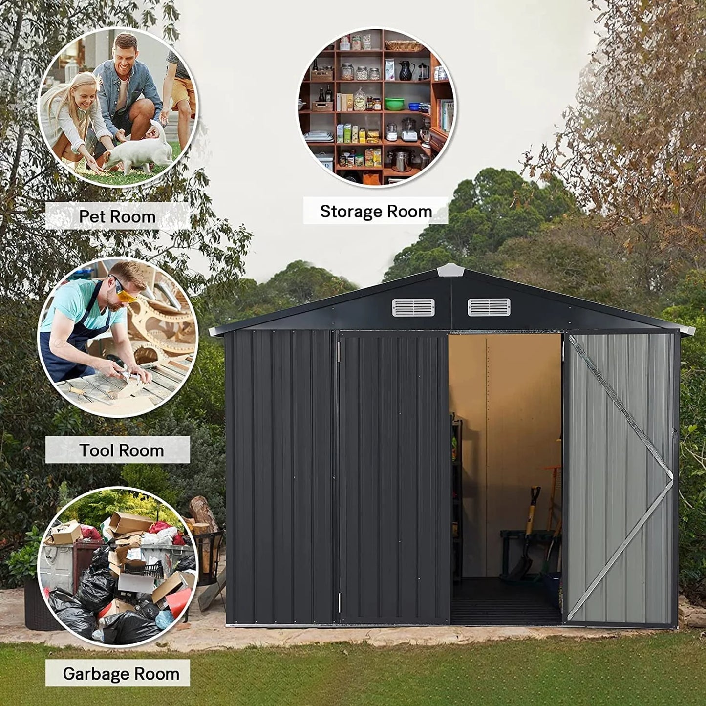 Outdoor Storage Shed, 8'x6' Galvanized Metal Steel Weather Resistant Garden Shed for Bike, Garbage Can, Lawnmower, Tool Storage Shed W/Lock, for Backyard Patio Lawn, Black