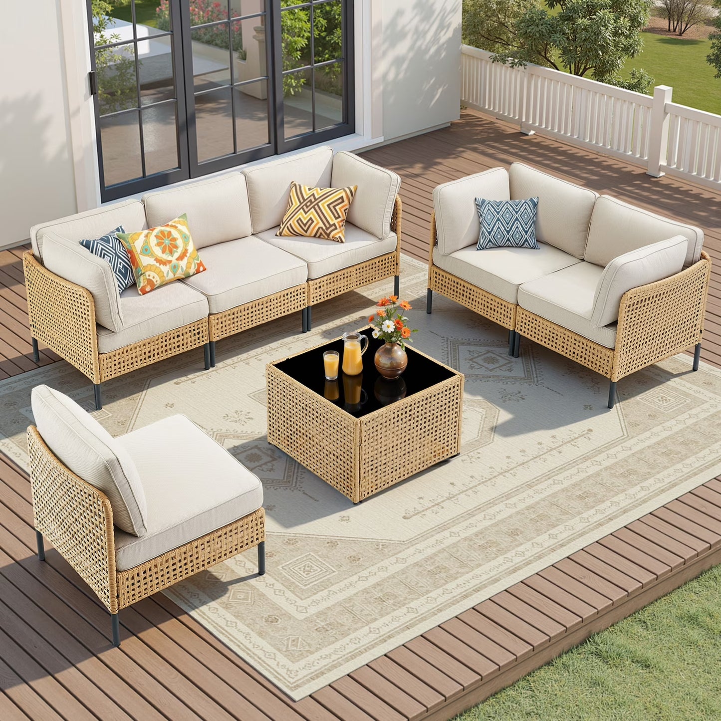 PPorfamilia Outdoor Modular Sectional Furniture Set, 7 Piece Natural PE Rattan Sofa Set with 2 Corner Chairs, 4 Middle Chairs, Side Table, and Beige Deep Seat Cushions, for Patio Backyard Deck