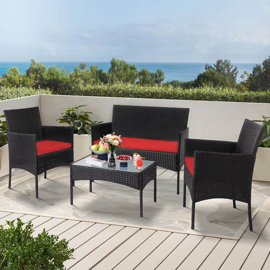 Tappio 4 Piece Patio Conversation Wicker Furniture Set, Porch Furniture Outdoor Sectional Furniture Set w/Coffee Table & Cushions Wicker Sofa Garden Conversation Set for Yard Pool Backyard,Black/Red