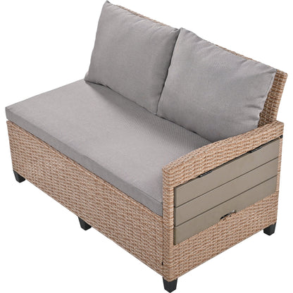 Harper & Bright Designs Outdoor Rattan Sectional Sofa Set with Dining Table, Patio L-Shaped Wicker Conversation Set with 2 Extendable Side Tables, Brown
