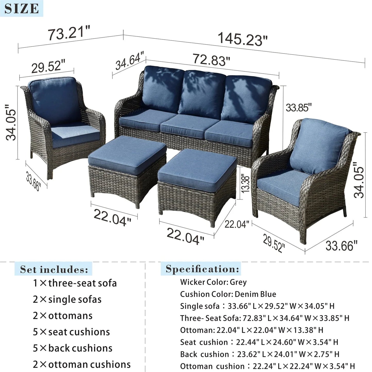 Ovios 5 Pieces Patio Furniture Wicker Rattan Patio Set with High-Back Comfort for Outdoors