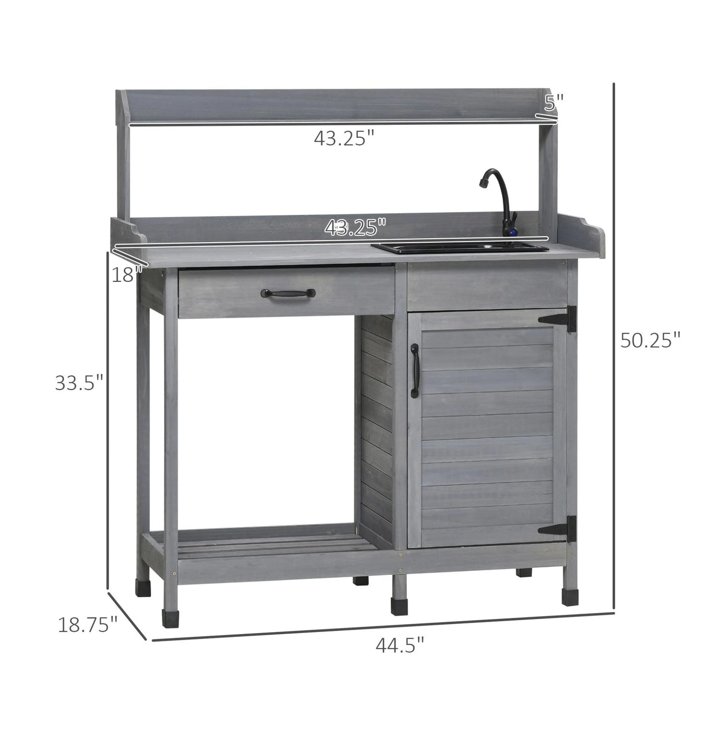 Outdoor Potting Bench with Sink - Garden Work Table with Storage, Gray - Greenhouse Patio Plant Station