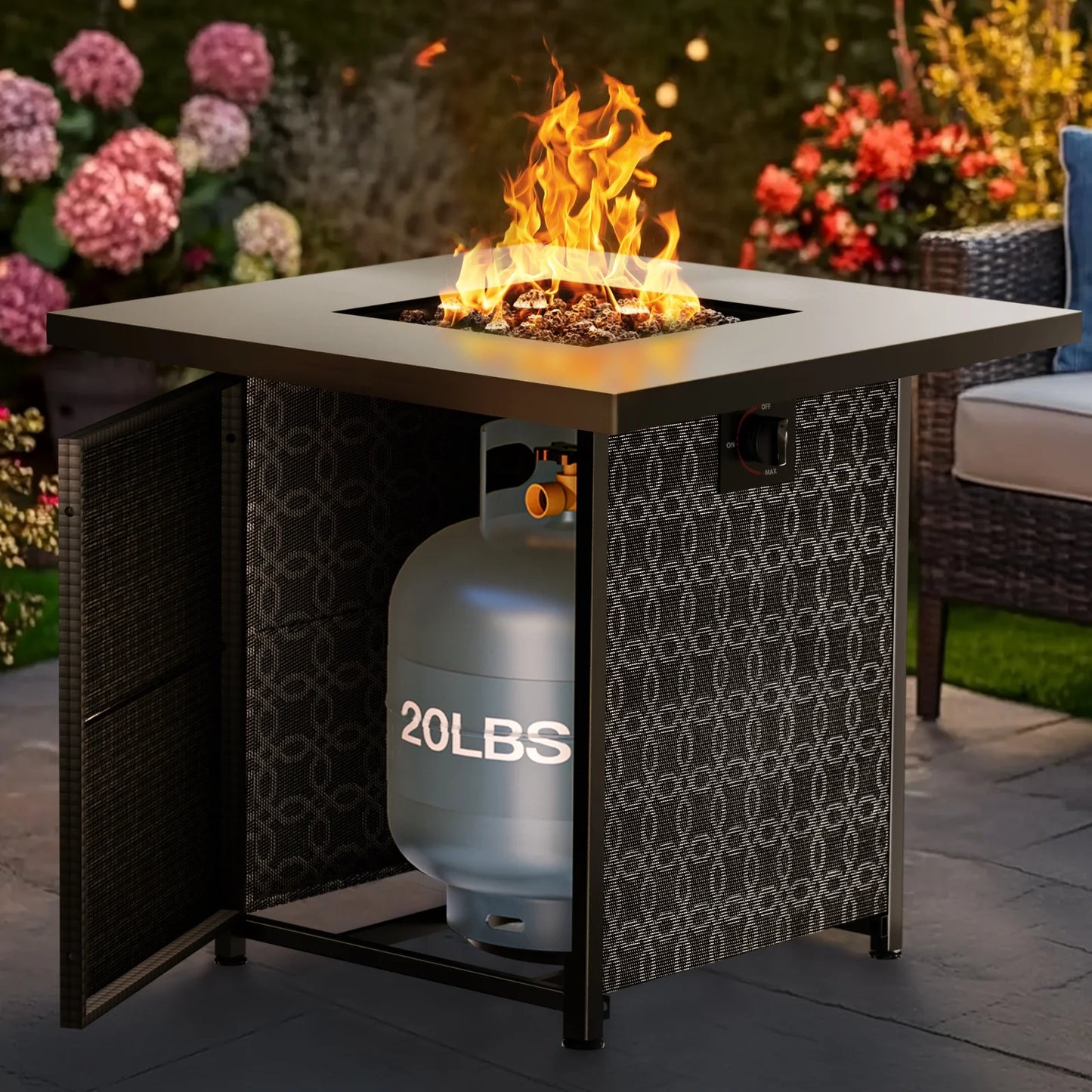 Philergo 28" Propane Fire Pit, 50,000 BTU Square Gas Fire Pit Table for Patio Garden Party with Lava Rocks, Removable Lid, CSA-Certified