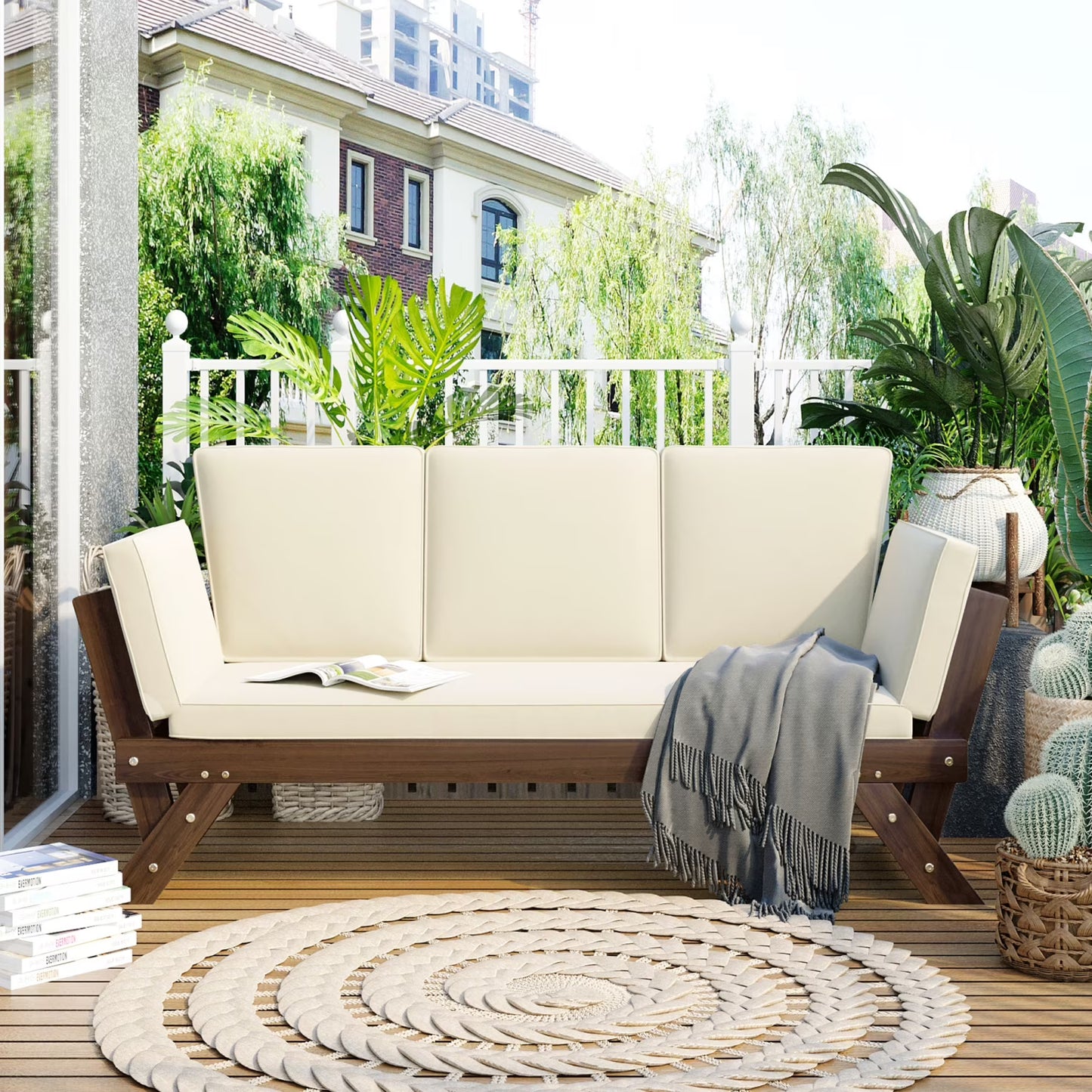 Adjustable Patio Wooden Outdoor Couch with Removable Cushions and Pillow, for Outdoor, Bedroom, Living Room, Study, Balcony,Beige