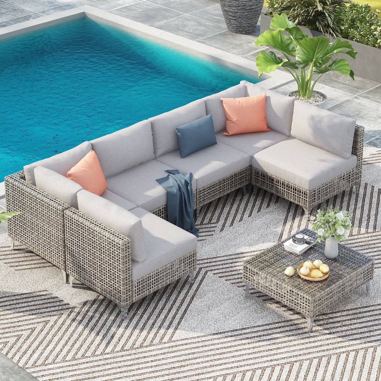 7 Pieces Patio Furniture Set, Wicker Sectional Table and Chairs Sets, Patio Conversation Set with Sectional Chaise Longue, Coffee Table, Suitable for Porch Backyard Garden, Beige
