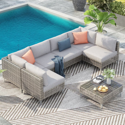 7 Pieces Patio Furniture Set, Wicker Sectional Table and Chairs Sets, Patio Conversation Set with Sectional Chaise Longue, Coffee Table, Suitable for Porch Backyard Garden, Beige