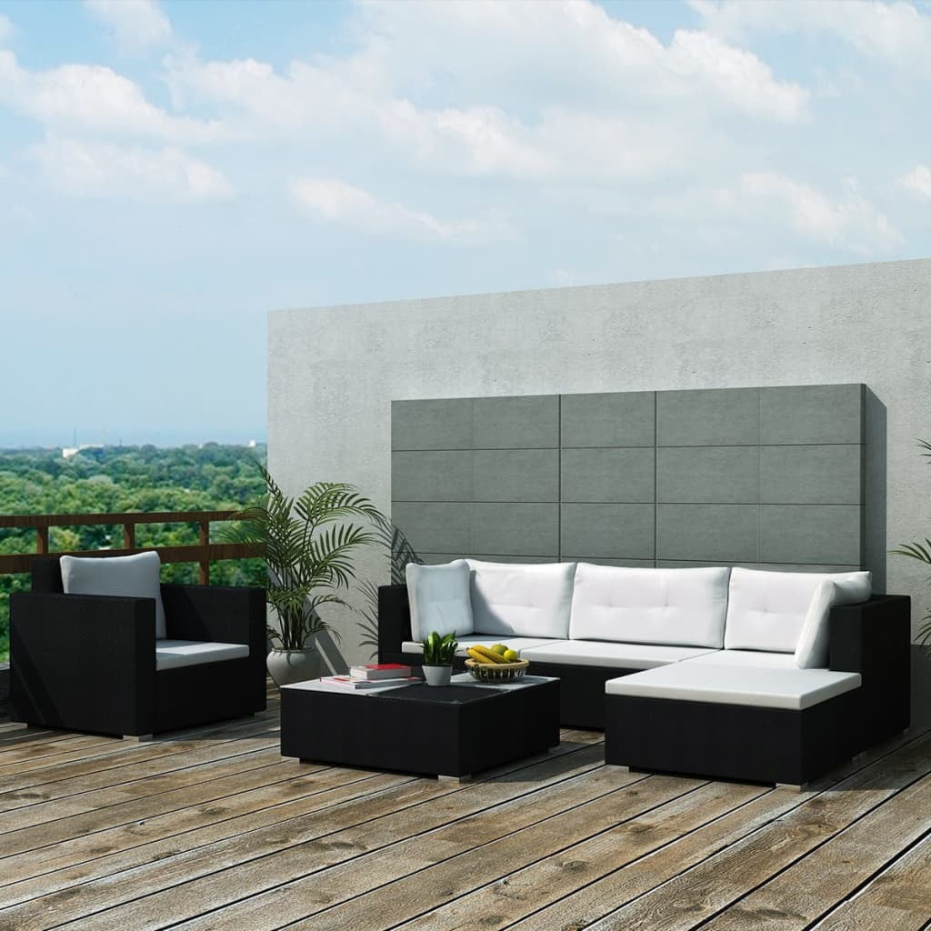 vidaXL 6 Piece Patio Lounge Set with Cushions Poly Rattan Black