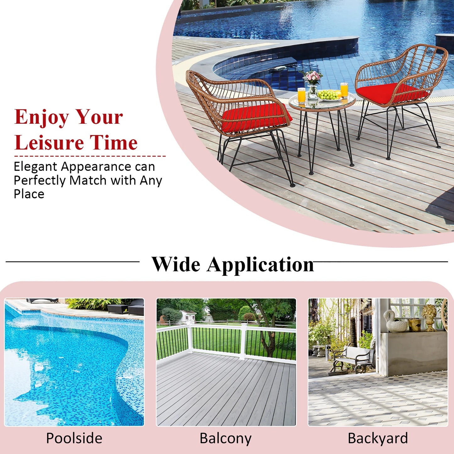 Costway 3PCS Patio Rattan Bistro Set Coffee Table Armchair Garden Red Cushion