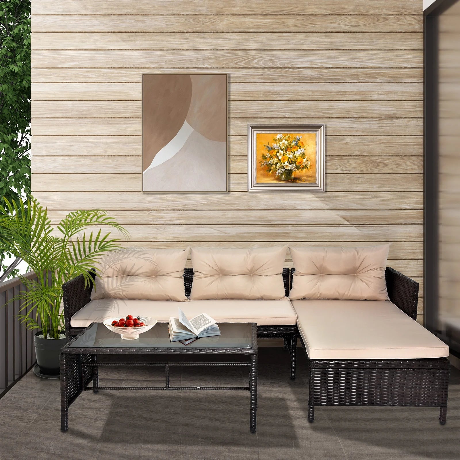 Outdoor Patio Furniture Set of 3, Rattan Wicker Outdoor Swivel Glider Rocker w/Table and Cushions, Brown