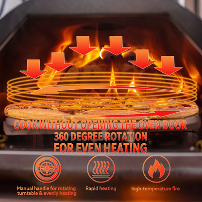 12" Wood Pellet Outdoor Pizza Oven, Portable Stainless Steel Rotatable Pizza Maker with Built-in Thermometer, Carry Bag, Pizza Cutter, Semi-Automatic Pellet & Wood Pizza Oven for Garden BBQ, Patio