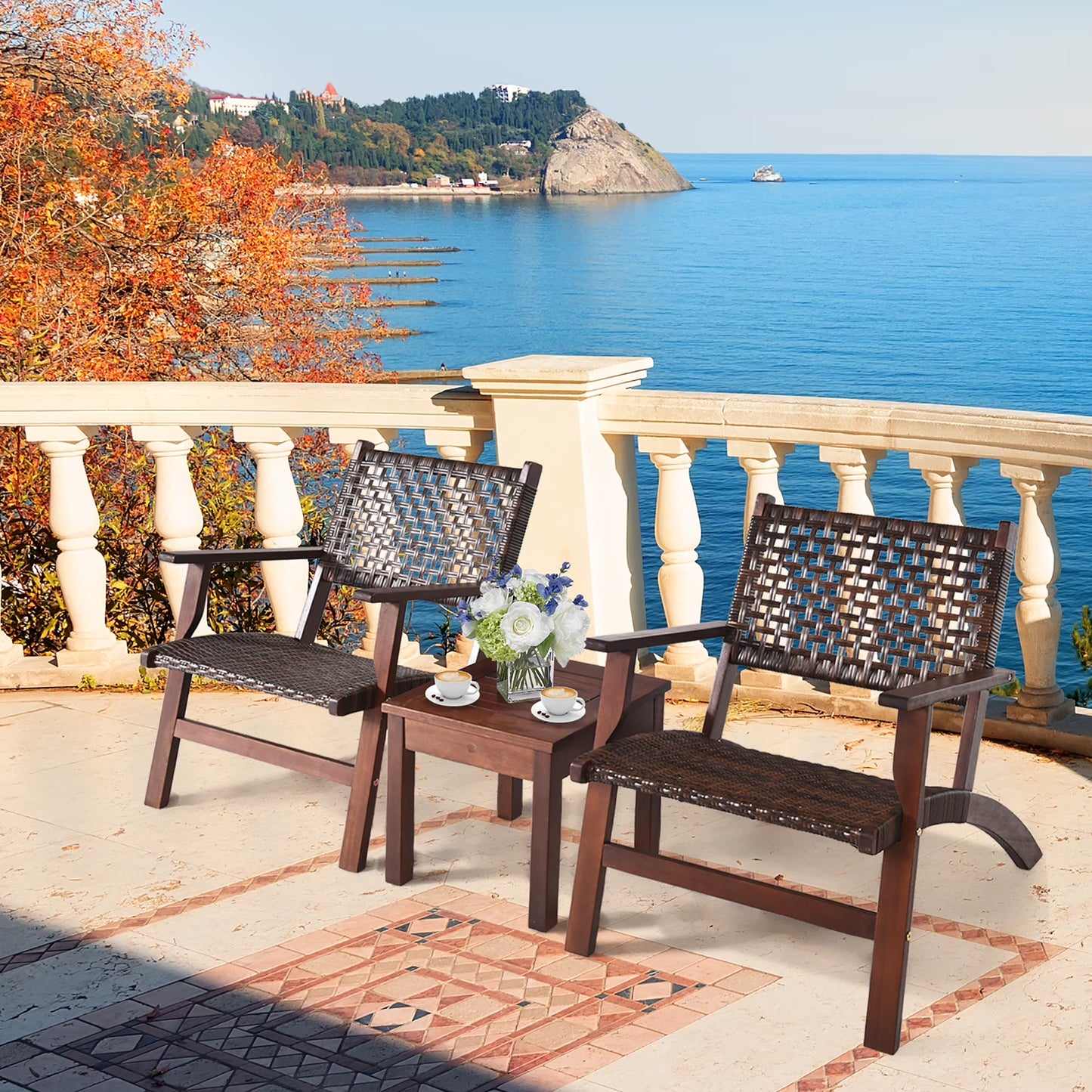 Gymax 3PCS Rattan Patio Chair & Table Set Outdoor Furniture Set w/Wooden Frame