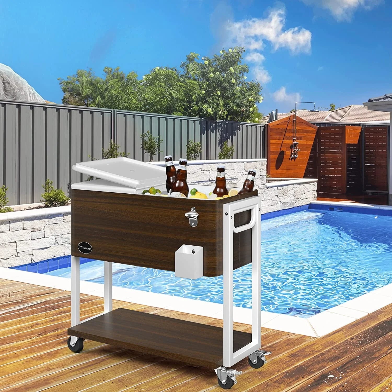 Dextrus 80 Quart Rolling Cooler Cart with Bottle Opener Drainage, Portable Patio Cooler Rolling on Wheels, Outdoor Rolling Beverage Cart Drink Cooler for Patio Pool Deck Party BBQ Cookouts