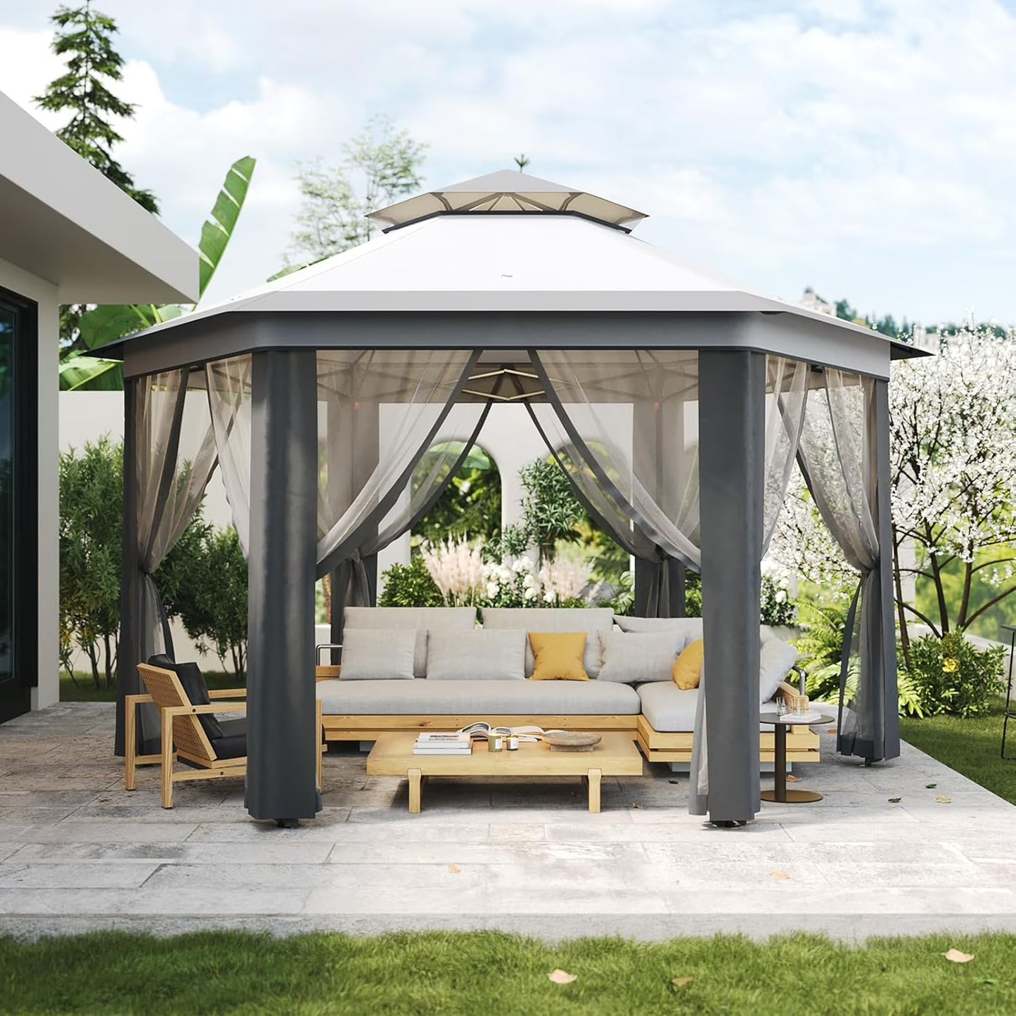 Pop Up Gazebo 13x13ft, Hexagonal Outdoor Canopy Shelter, Instant Patio Gazebo Tent with Mesh Netting and Strong Steel Frame for Patio Backyard Garden Wedding Party