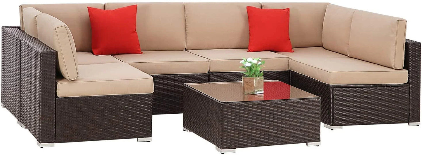SUNCROWN 6-Piece Outdoor Furniture Patio Sectional Set All-Weather Wicker Conversation Sofa, Light Brown