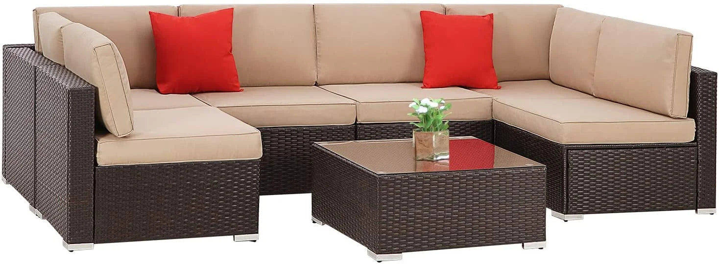 SUNCROWN 6-Piece Outdoor Furniture Patio Sectional Set All-Weather Wicker Conversation Sofa, Light Brown