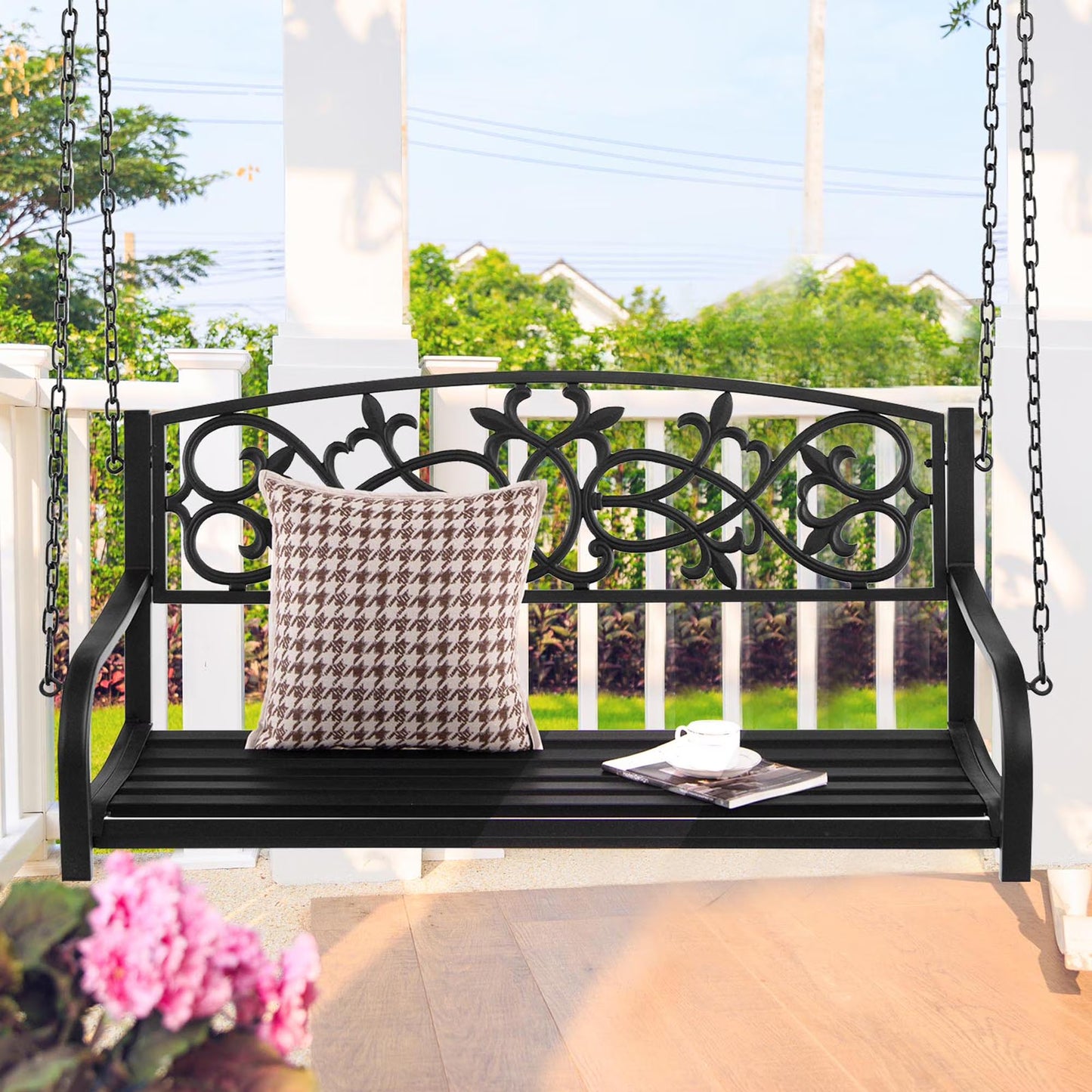 Gymax Patio Hanging Porch Swing 2-Person Outdoor Metal Swing Bench Chair w/Chains Brown