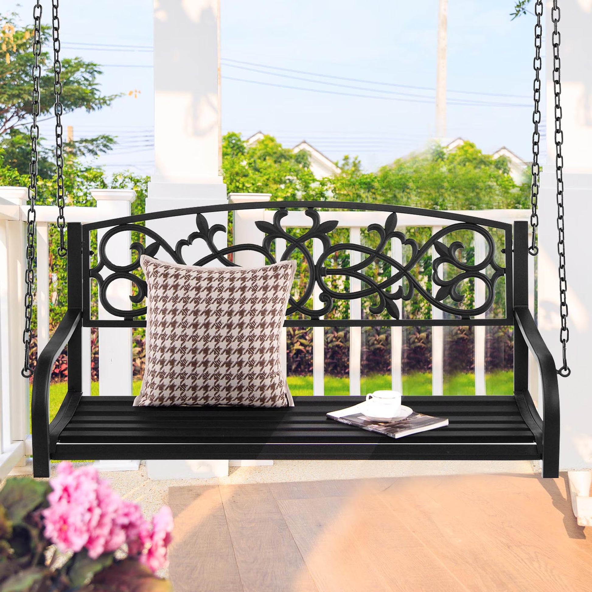 Gymax Patio Hanging Porch Swing 2-Person Outdoor Metal Swing Bench Chair w/Chains Brown