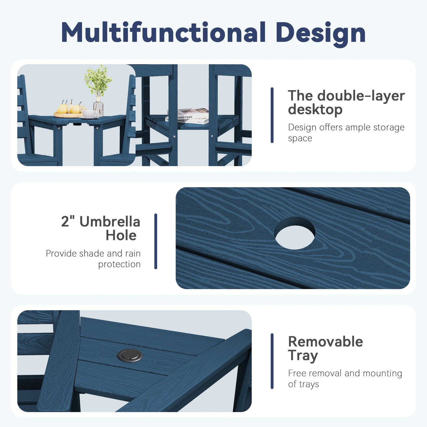 JUSTLET Tall Adirondack Chair Set of 2 with Double Connecting Tray, HDPE Outdoor Weather Resistant Patio Bar Stools for Patio, Balcony, Porch, Navy Blue